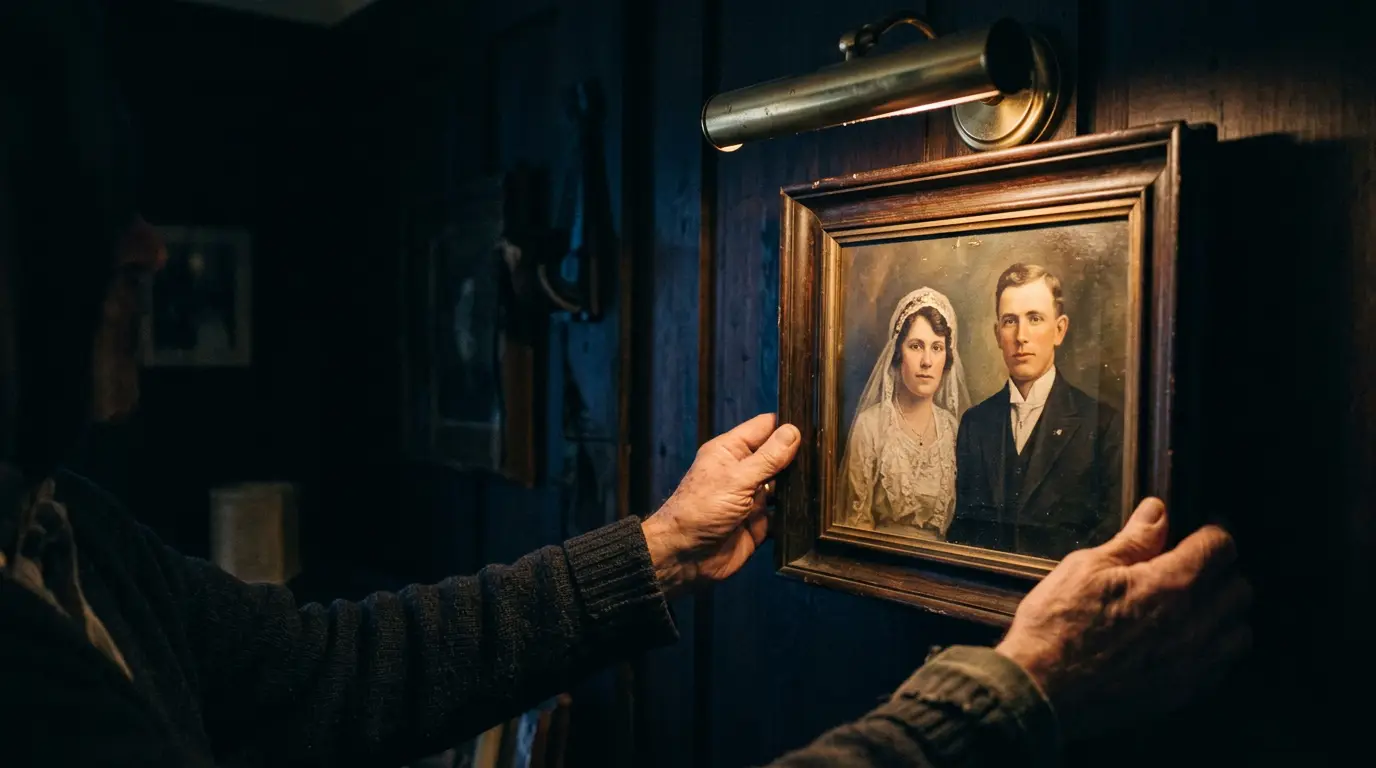 Hands holding a framed heirloom wedding portrait under a brass picture light