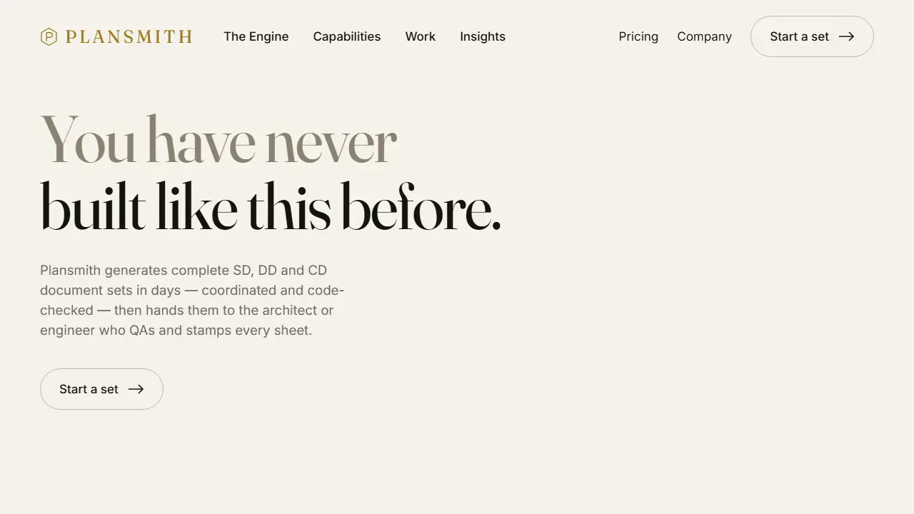 Plansmith — AI architectural plan sets, live site