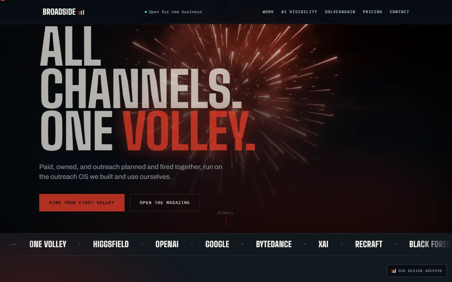 Broadside live site — all channels, one volley