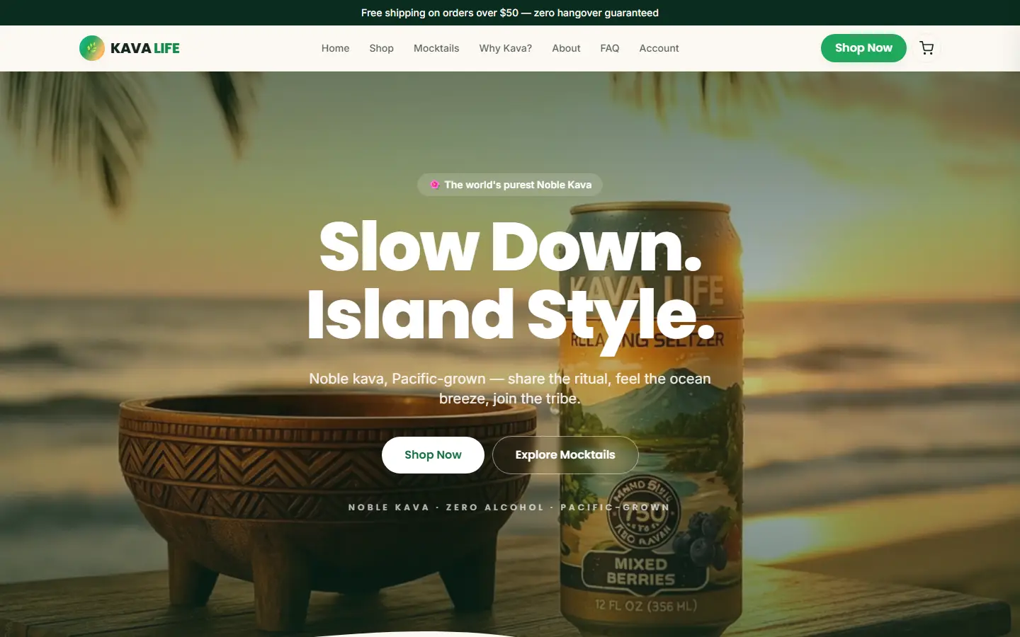 Kava Life live site — slow down, island style, noble kava seltzers