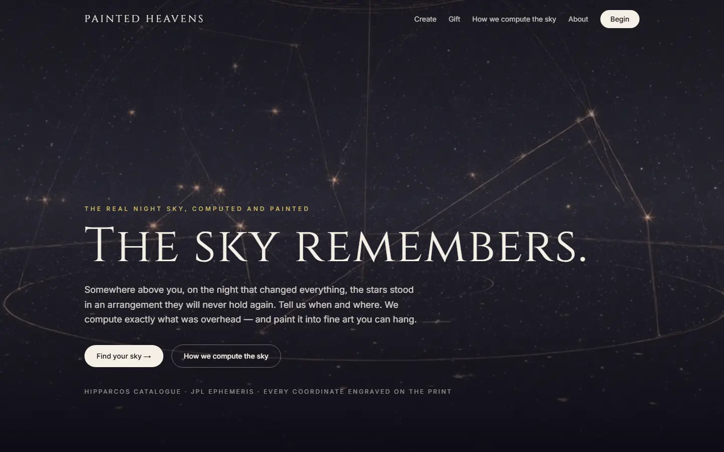 Painted Heavens live site — the real night sky of your moment, as fine art