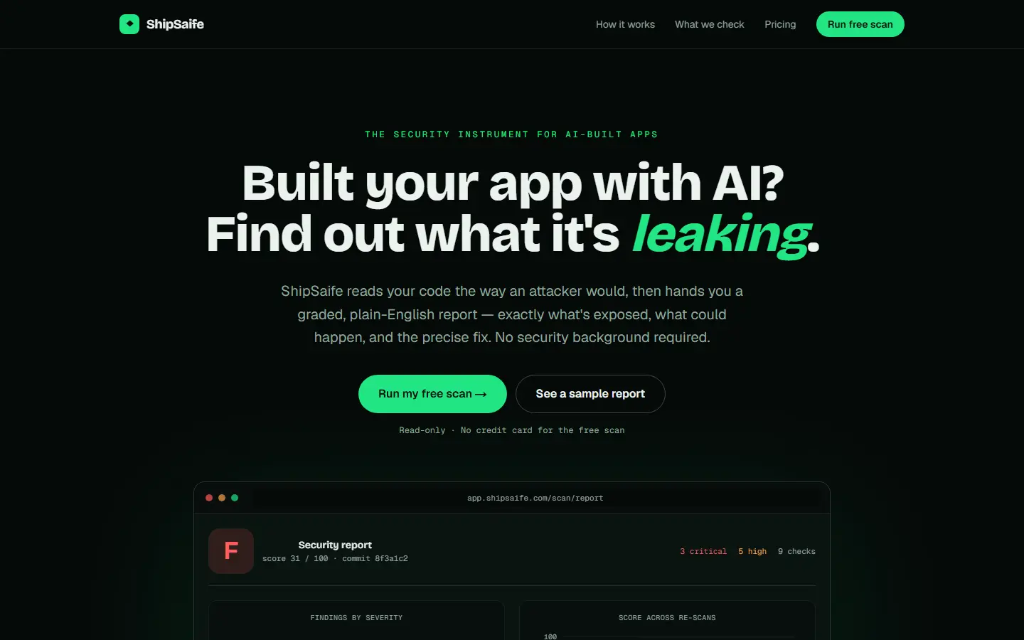ShipSaife live site — the security instrument for AI-built apps