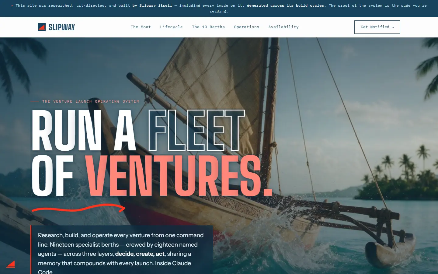 Slipway.build live site — run a fleet of ventures from one command line